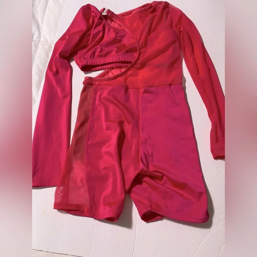 The Line up dance costume 2 piece hot Barbie pink CARLSBAD BIKETARD youth 12